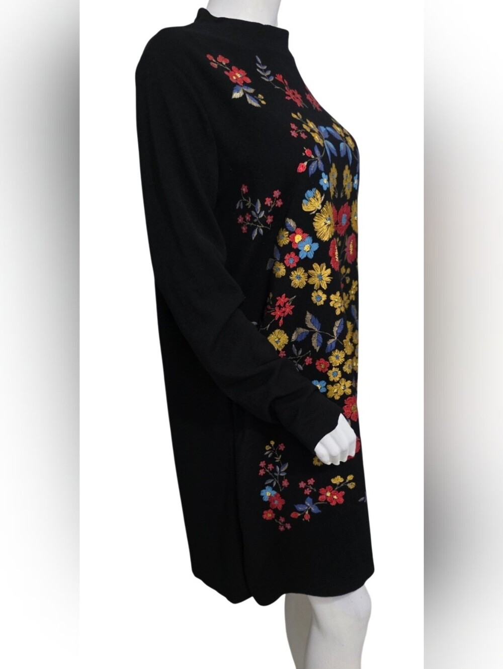 Zara Black Long-Sleeve Mini Dress with Multicolor Floral Embroidery Size L NWT - Picture 8 of 14